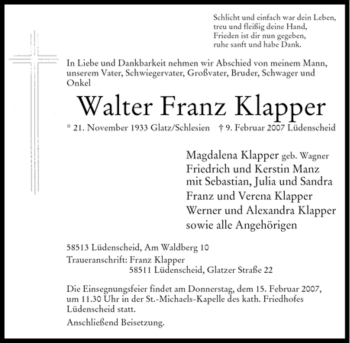 Traueranzeige von Walter Franz Klapper von WESTFÄLISCHER ANZEIGER