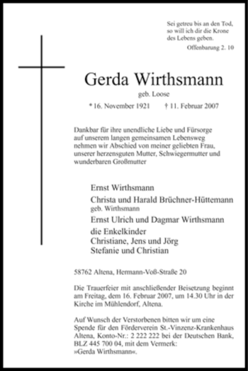 Traueranzeige von Gerda Wirthsmann von WESTFÄLISCHER ANZEIGER