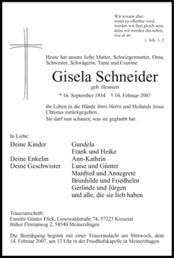 Traueranzeige von Gisela Schneider von WESTFÄLISCHER ANZEIGER