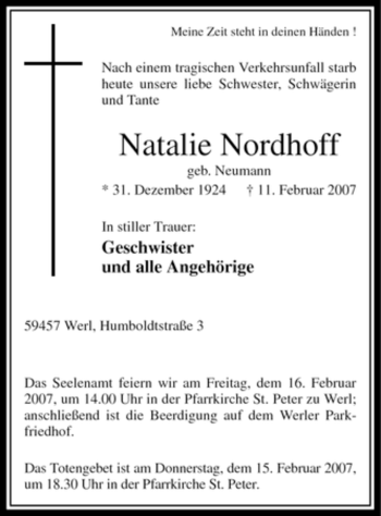 Traueranzeige von Natalie Nordhoff von WESTFÄLISCHER ANZEIGER