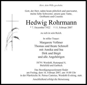 Traueranzeige von Hedwig Rohrmann von WESTFÄLISCHER ANZEIGER