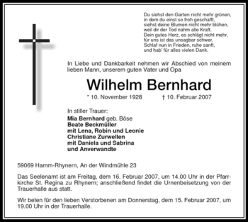 Traueranzeige von Wilhelm Bernhard von WESTFÄLISCHER ANZEIGER