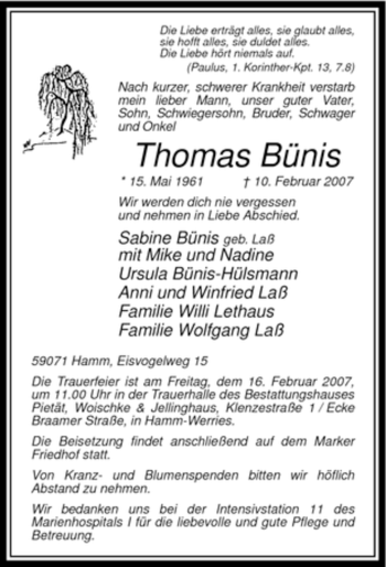 Traueranzeige von Thomas Bünis von WESTFÄLISCHER ANZEIGER