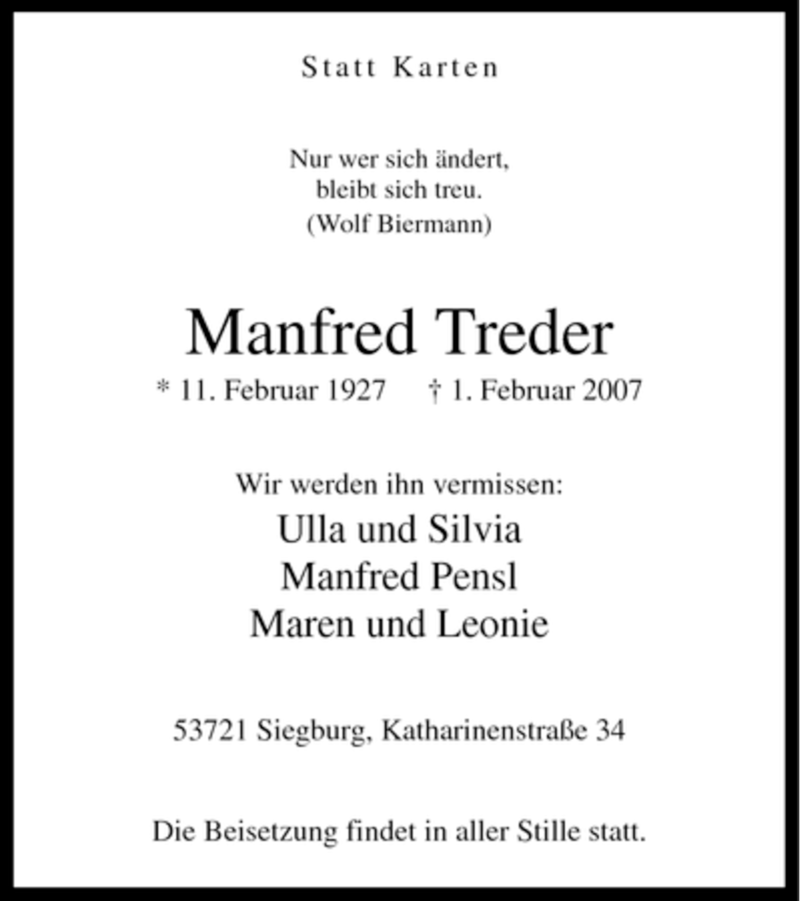  Traueranzeige für Manfred Treder vom 10.02.2007 aus WESTFÄLISCHER ANZEIGER