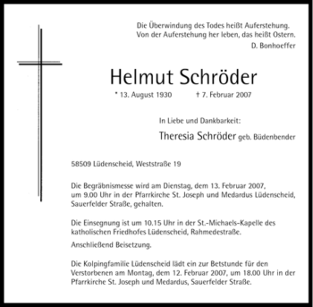 Traueranzeige von Helmut Schröder von WESTFÄLISCHER ANZEIGER