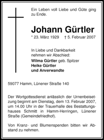 Traueranzeige von Johann Gürtler von WESTFÄLISCHER ANZEIGER