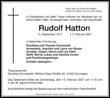 Traueranzeige von Rudolf Hatton von WESTFÄLISCHER ANZEIGER