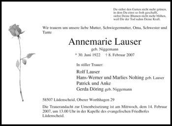 Traueranzeige von Annemarie Lauser von WESTFÄLISCHER ANZEIGER
