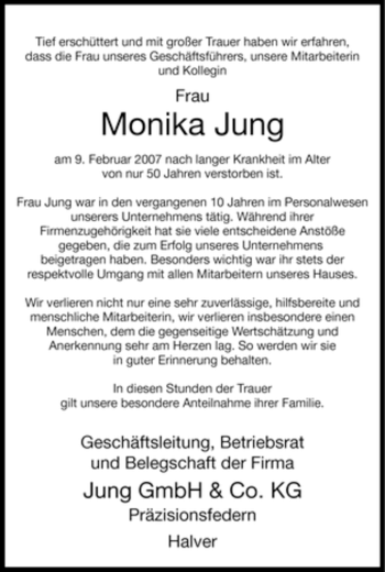 Traueranzeige von Monika Jung von WESTFÄLISCHER ANZEIGER