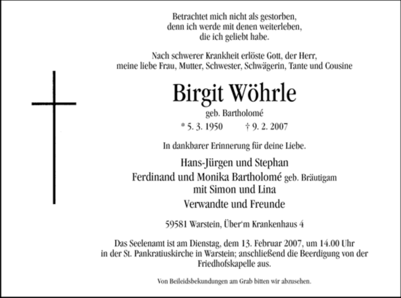  Traueranzeige für Birgit Wöhrle vom 10.02.2007 aus WESTFÄLISCHER ANZEIGER
