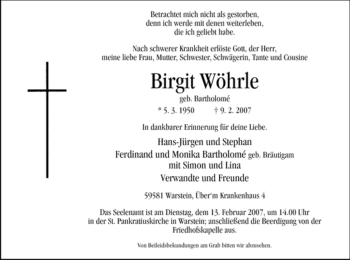 Traueranzeige von Birgit Wöhrle von WESTFÄLISCHER ANZEIGER