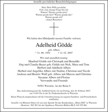 Traueranzeige von Adelheid Gödde von WESTFÄLISCHER ANZEIGER