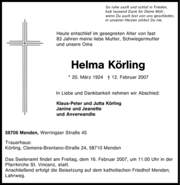 Traueranzeige von Helma Körling von WESTFÄLISCHER ANZEIGER