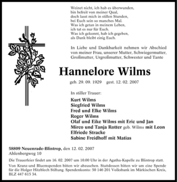 Traueranzeige von Hannelore Wilms von WESTFÄLISCHER ANZEIGER