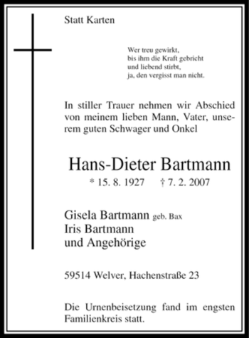 Traueranzeige von Hans-Dieter Bartmann von WESTFÄLISCHER ANZEIGER
