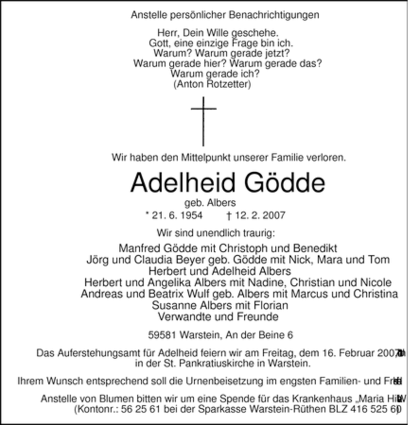 Traueranzeige für Adelheid Gödde vom 14.02.2007 aus WESTFÄLISCHER ANZEIGER
