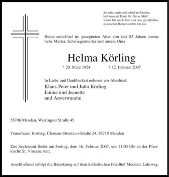 Traueranzeige von Helma Körling von WESTFÄLISCHER ANZEIGER