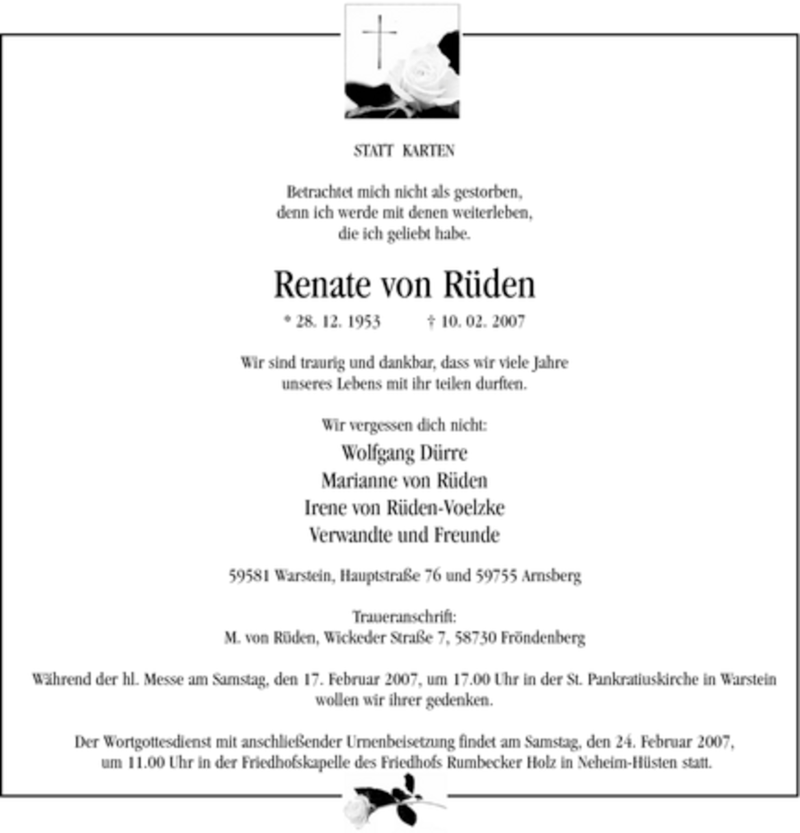  Traueranzeige für Renate von Rüden vom 14.02.2007 aus WESTFÄLISCHER ANZEIGER