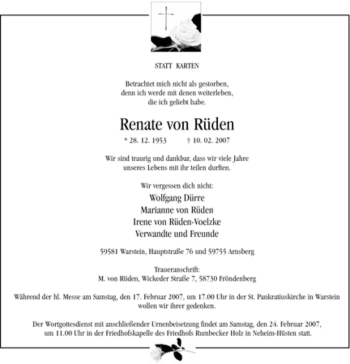 Traueranzeige von Renate von Rüden von WESTFÄLISCHER ANZEIGER