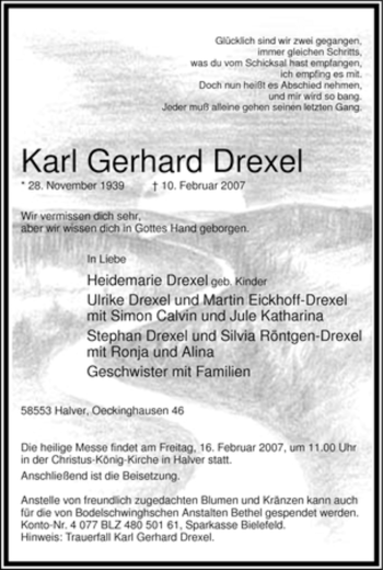 Traueranzeige von Karl Gerhard Drexel von WESTFÄLISCHER ANZEIGER