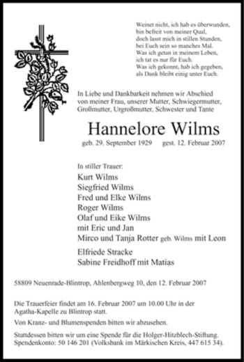 Traueranzeige von Hannelore Wilms von WESTFÄLISCHER ANZEIGER