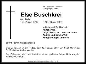 Traueranzeige von Else Buschkrei von WESTFÄLISCHER ANZEIGER