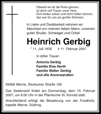 Traueranzeige von Heinrich Gerbig von WESTFÄLISCHER ANZEIGER