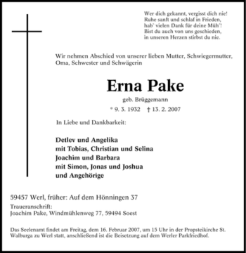Traueranzeige von Erna Pake von WESTFÄLISCHER ANZEIGER