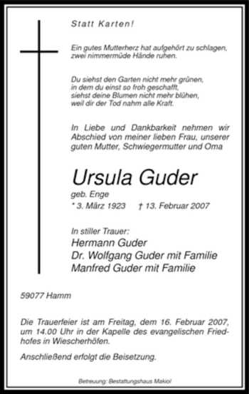 Traueranzeige von Ursula Guder von WESTFÄLISCHER ANZEIGER