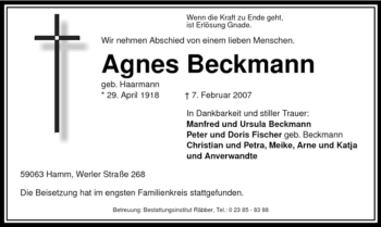 Traueranzeige von Agnes Beckmann von WESTFÄLISCHER ANZEIGER
