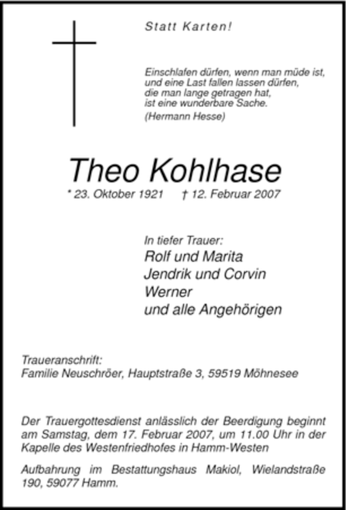  Traueranzeige für Theo Kohlhase vom 15.02.2007 aus WESTFÄLISCHER ANZEIGER