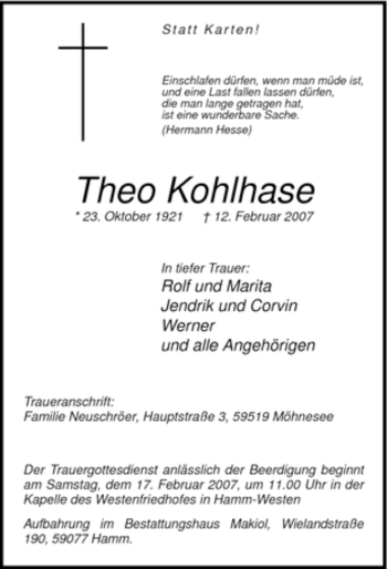 Traueranzeige von Theo Kohlhase von WESTFÄLISCHER ANZEIGER