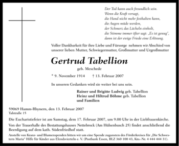 Traueranzeige von Gertrud Tabellion von WESTFÄLISCHER ANZEIGER