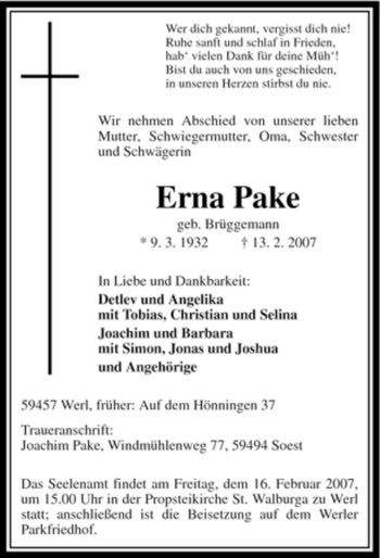 Traueranzeige von Erna Pake von WESTFÄLISCHER ANZEIGER
