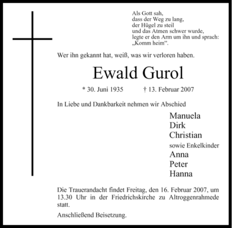  Traueranzeige für Ewald Gurol vom 15.02.2007 aus WESTFÄLISCHER ANZEIGER