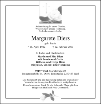 Traueranzeige von Margarete Diers von WESTFÄLISCHER ANZEIGER