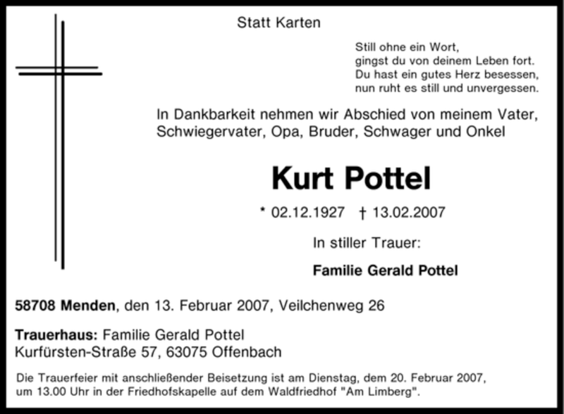  Traueranzeige für Kurt Pottel vom 16.02.2007 aus WESTFÄLISCHER ANZEIGER