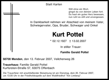 Traueranzeige von Kurt Pottel von WESTFÄLISCHER ANZEIGER