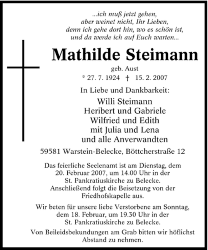  Traueranzeige für Mathilde Steimann vom 16.02.2007 aus WESTFÄLISCHER ANZEIGER