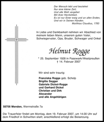 Traueranzeige von Helmut Rogge von WESTFÄLISCHER ANZEIGER