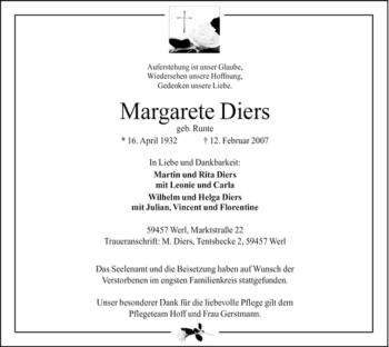 Traueranzeige von Margarete Diers von WESTFÄLISCHER ANZEIGER