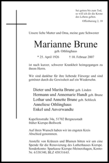 Traueranzeige von Marianne Brune von WESTFÄLISCHER ANZEIGER