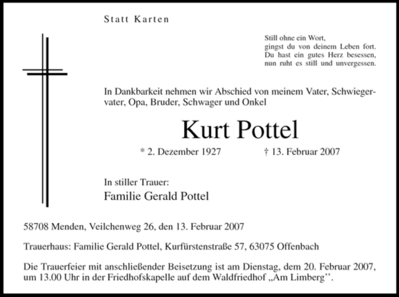  Traueranzeige für Kurt Pottel vom 16.02.2007 aus WESTFÄLISCHER ANZEIGER