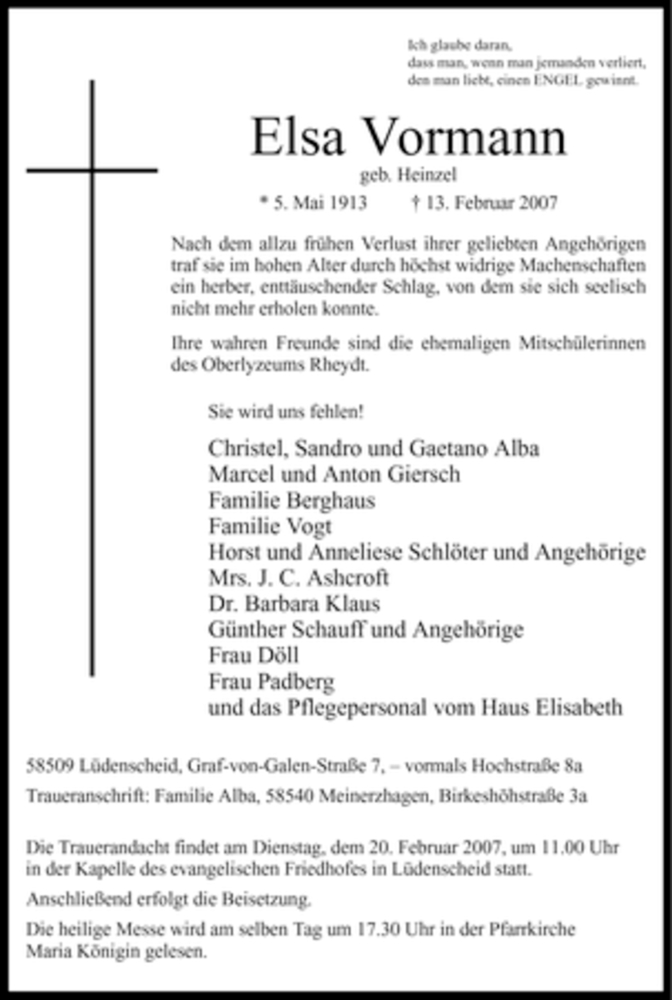  Traueranzeige für Elsa Vormann vom 16.02.2007 aus WESTFÄLISCHER ANZEIGER