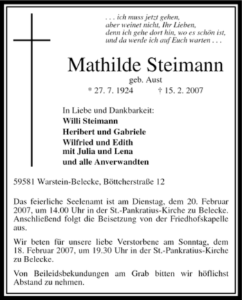 Traueranzeige von Mathilde Steimann von WESTFÄLISCHER ANZEIGER