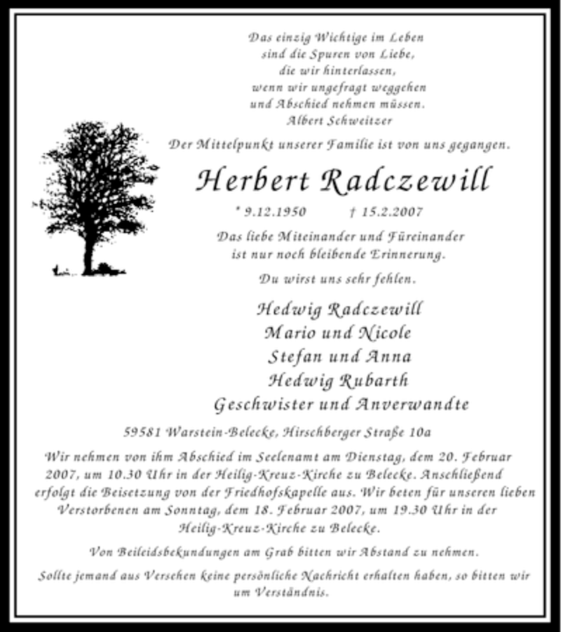  Traueranzeige für Herbert Radczewill vom 16.02.2007 aus WESTFÄLISCHER ANZEIGER