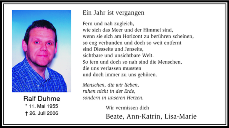  Traueranzeige für Ralf Duhme vom 26.07.2007 aus WESTFÄLISCHER ANZEIGER