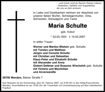 Traueranzeige von Maria Schulte von WESTFÄLISCHER ANZEIGER