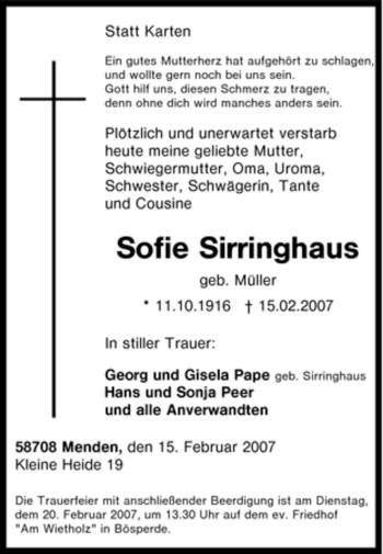 Traueranzeige von Sofie Sirringhaus von WESTFÄLISCHER ANZEIGER