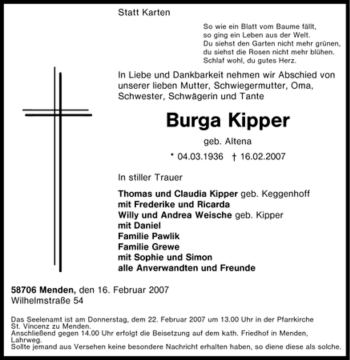 Traueranzeige von Burga Kipper von WESTFÄLISCHER ANZEIGER